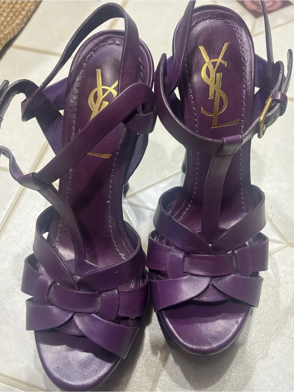 Yves Saint Laurent Deep Purple Braided Strappy High Heel Sandals